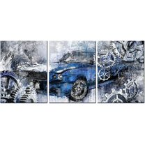 Hieng 3 Piece Rustic Car Canvas Wall Art Old Car with Mechanical Gear Painting Poster Prints Cool Artwork for Man Cave Boys Bedroom Home Office Decoration (Blue, Small)