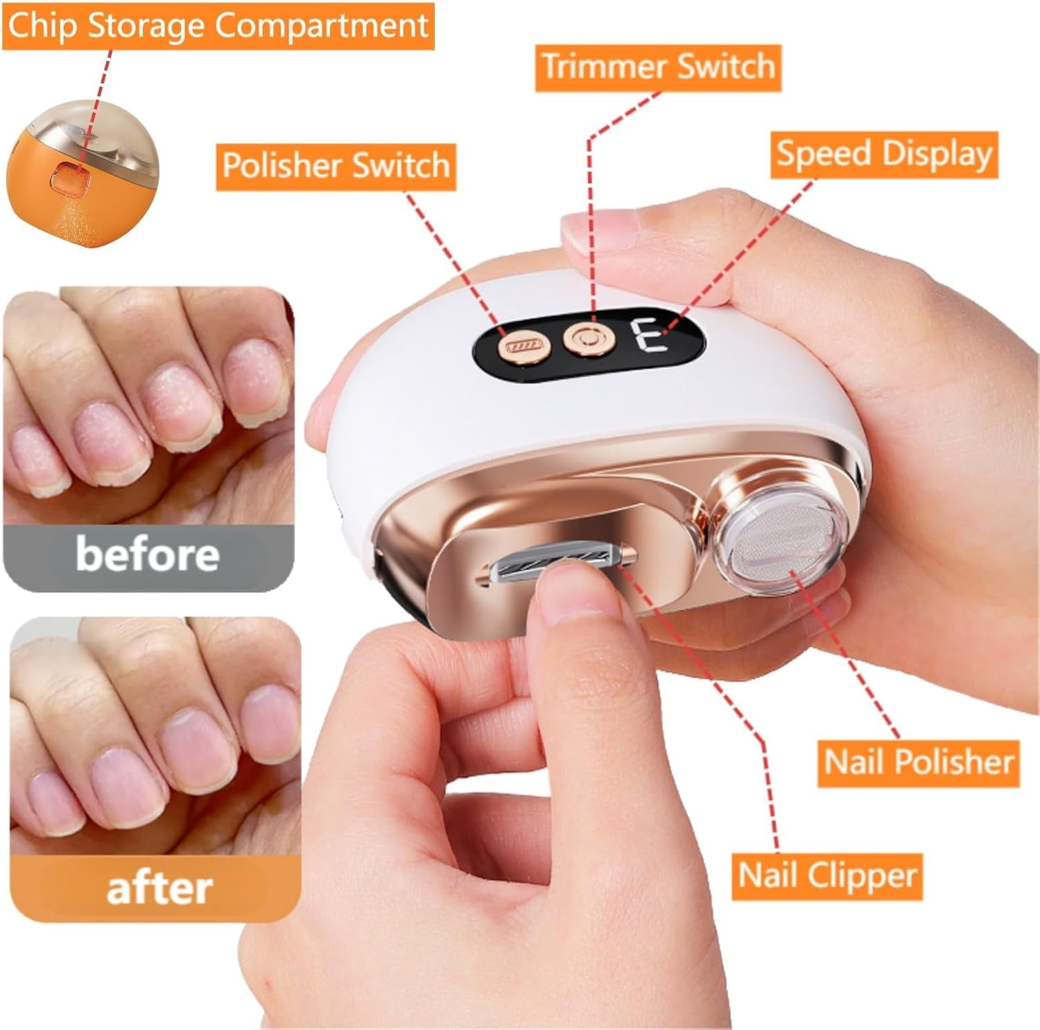 Multi-Functional Electric Nail Trimmer, 3 in 1 Automatic Electric Nail Clipper, Baby Nail Trimmer, with LED Light & Nails Scraps Storage (Orange*2PCS)