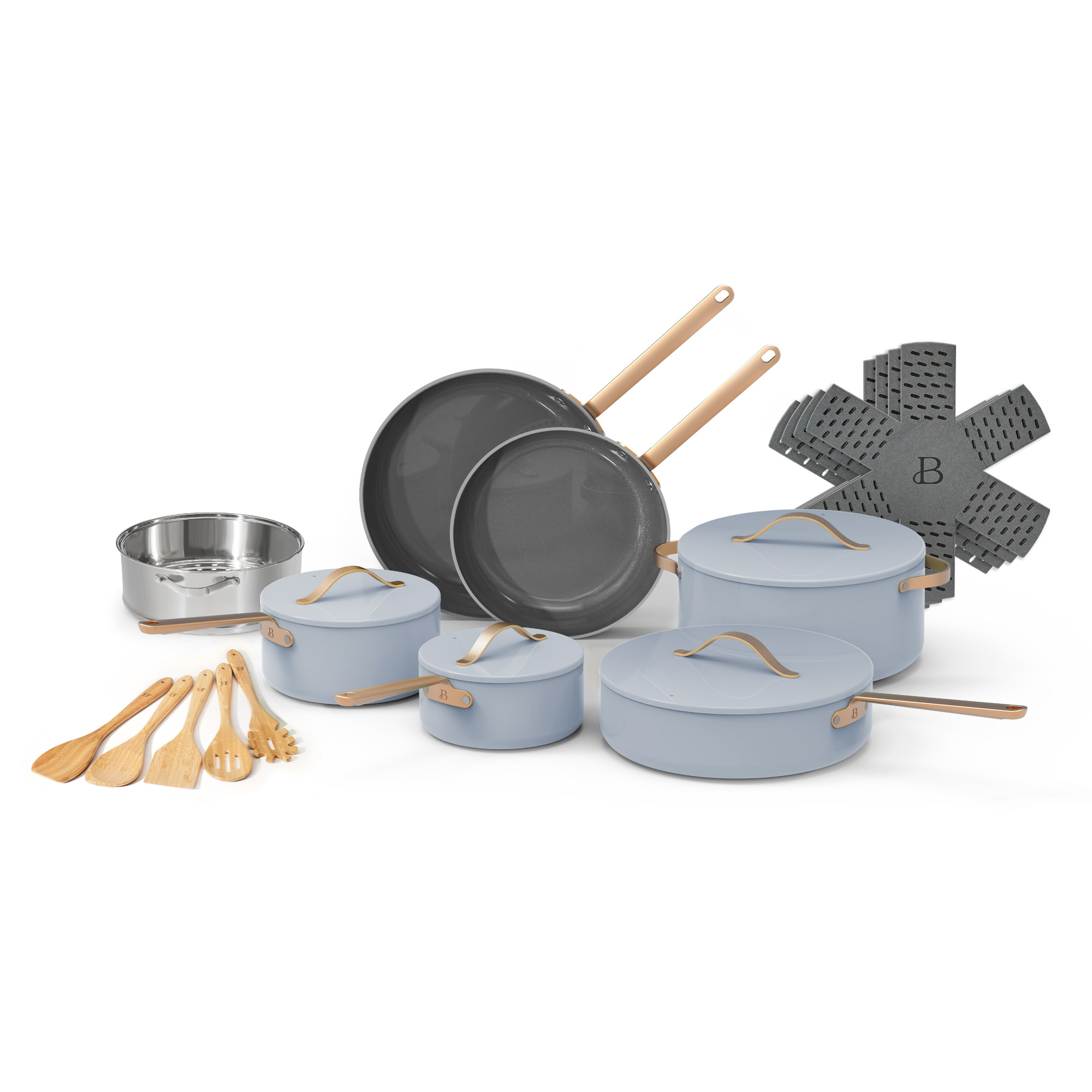 Beautiful 20pc Ceramic Non-Stick Cookware Set, Cornflower Blue by Drew Barrymore - image 7 of 7