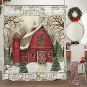 Newhomestyle Christmas Fabric Shower Curtain, Farmhouse Red Barn Wooden Shower Curtain, Bathroom Shower Curtains with Hooks, 72x72inch