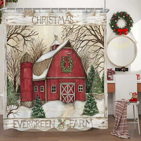 Newhomestyle Christmas Fabric Shower Curtain, Farmhouse Red Barn Wooden Shower Curtain, Bathroom Shower Curtains with Hooks, 72x72inch