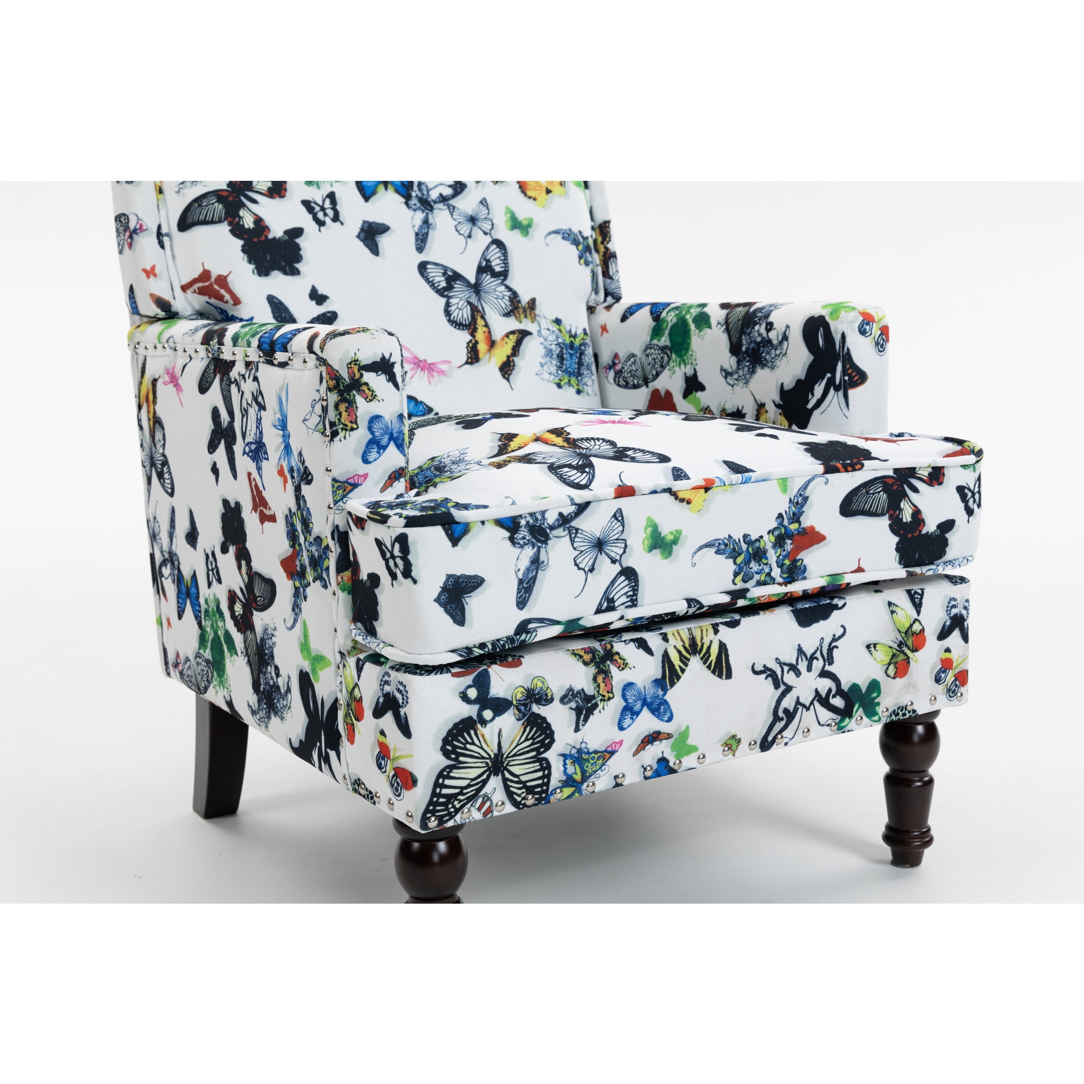 GDF Studio Zerra Vintage Upholstered Armchair with Solid Wood Legs & Nailhead Trim, Butterfly Accent Chair, White