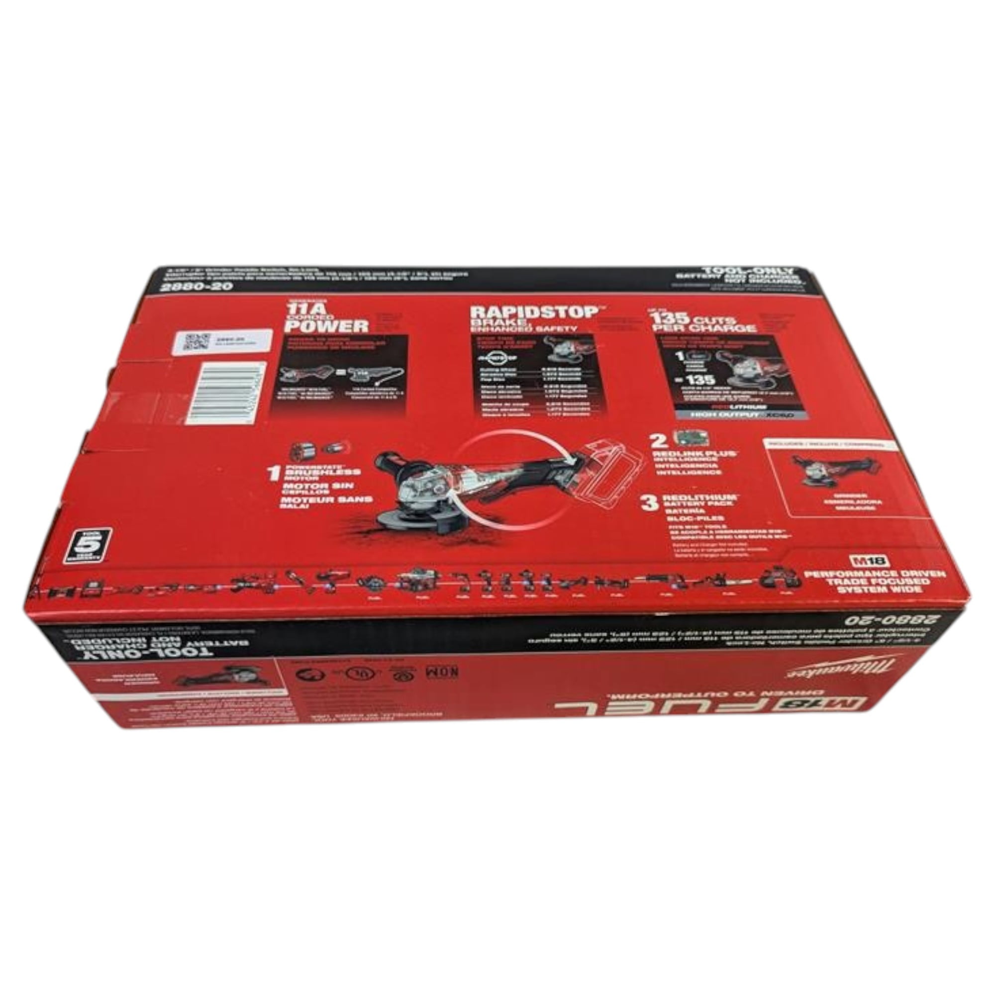 Milwaukee 2880-20 M18 FUEL 4-1/2" / 5" Cordless Grinder – Paddle Switch, No Lock, 11A Corded Power, 8,500 RPM, Brushless Motor (Bare Tool)