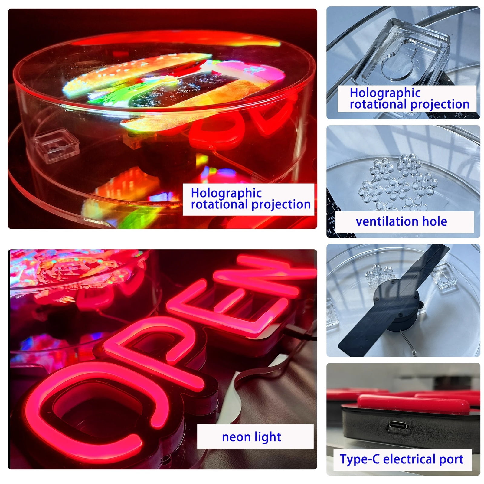 3D Holographic Fan LED OPEN Neon Sign with USB Interface Enhance Store Visibility Brightness Feature