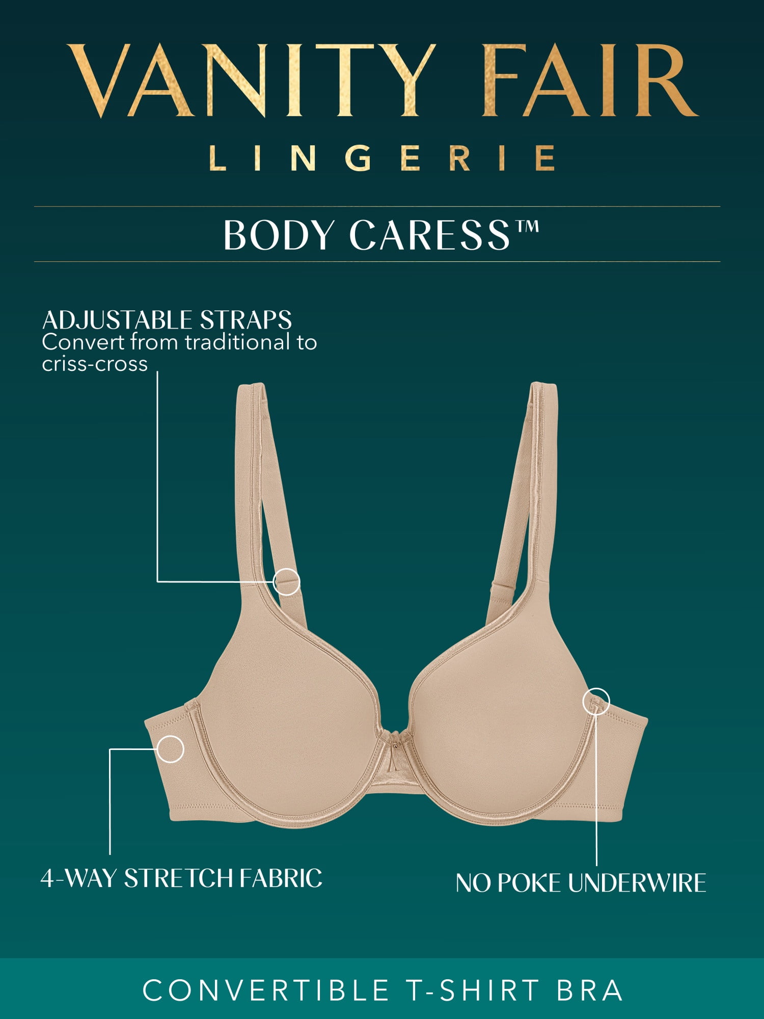 Vanity Fair Lingerie Women's Body Caress 2-Way Convertible Straps Full Coverage Underwire Bra, Style 75335