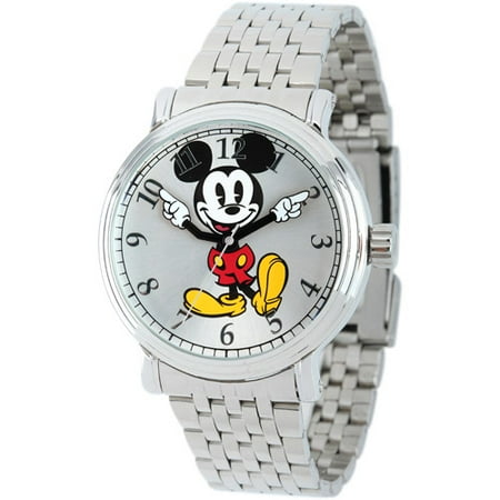 Mickey Mouse Men's Shinny Silver Vintage Articulating Alloy Case Watch, Silver Bracelet