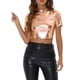 thumbnail image 1 of INSPIRAR CHIC Blusas Cortas de Manga Corta con Cuello Mock Metálicas para Mujeres L Champagne, 1 of 6