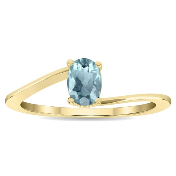 SZUL Women's Solitaire Oval Shaped Aquamarine Wave Ring in 10K Yellow Gold