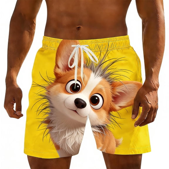 Mens Swim Trunks Casual Elastic Wasit Loose Fit Drawstring Shorts Cartoon Summer Beach Shorts with Pockets Yellow L