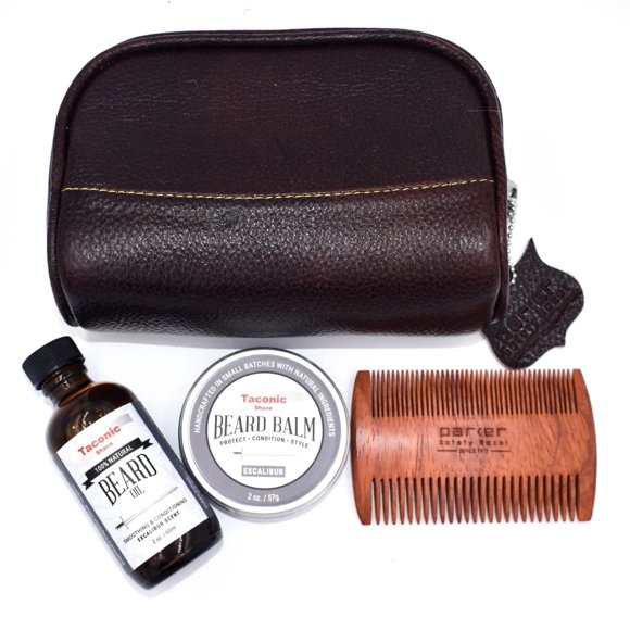 DELUXE BEARD CARE GIFT SET W/ SMALL LEATHER DOPP BAG