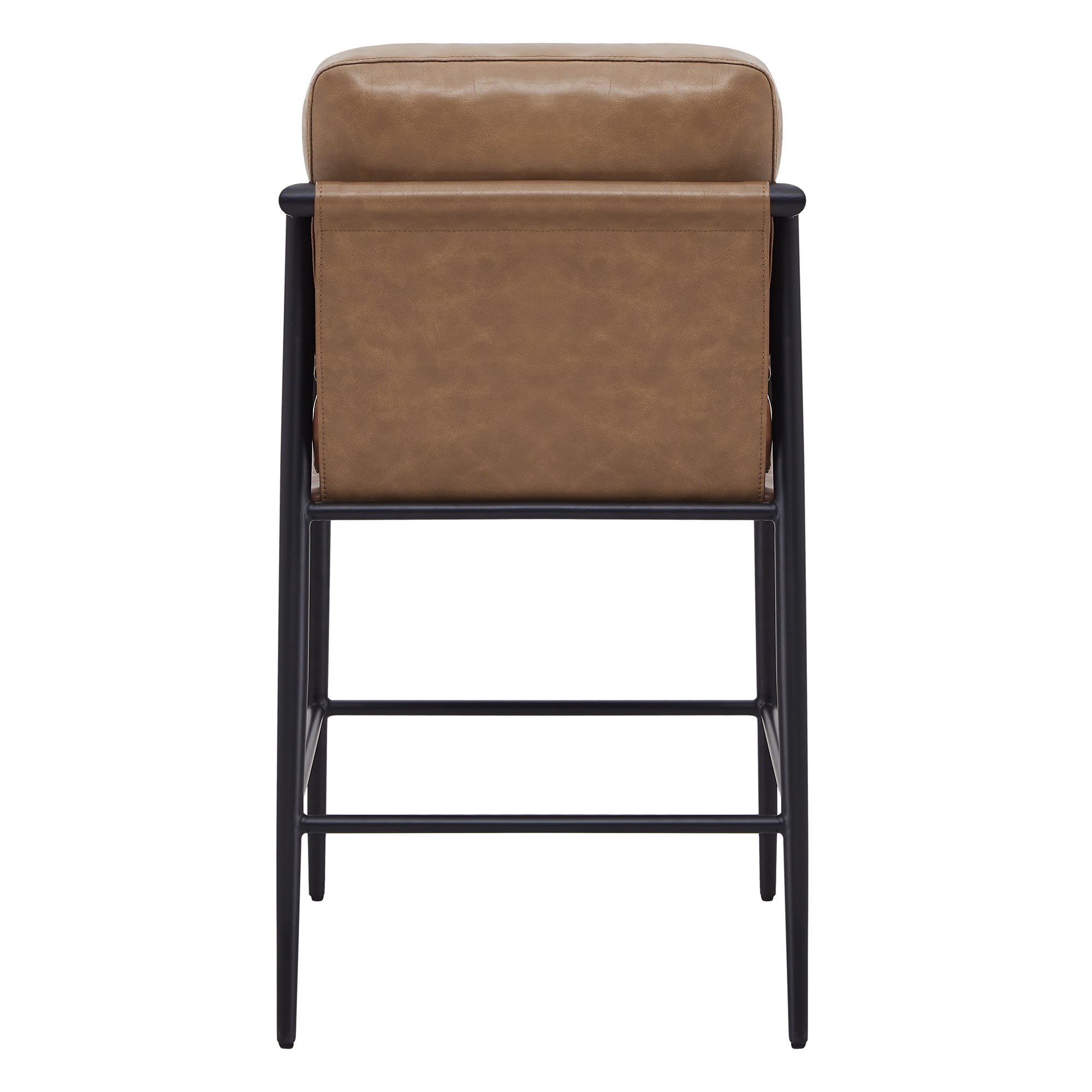 CHITA Modern Counter Stools Set of 2, Upholstered Bar Stools with Metal Frame and Wooden Armrests, Faux Leather in Saddle Brown