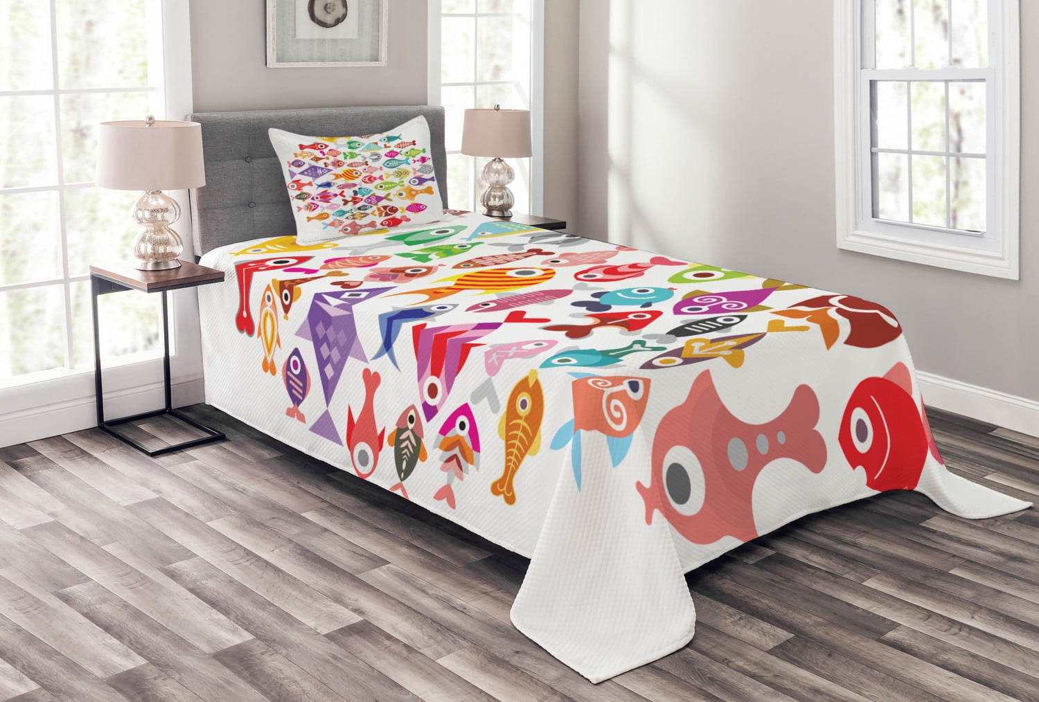 Fish Bedspread Set Twin Size, Rounded Different Size Type Fish Motifs