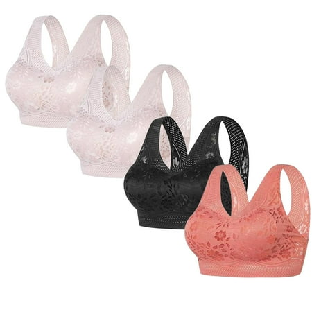 REORIAFEE No Underwire Bras for Women 4 Pack Wireless Gathered Together Bras Floral Prints Brassiere Breathable Wide Strap Comfy Corset Underwear Classic Comfortable Support Lingerie Hot Pink XXL