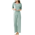 thumbnail image 4 of Women's Sleepwear Womens 2 Piece Outfits Summer Casual Loose Short Sleeve Pullover Tops & Wide Leg Pants Sets Tracksuit New,Green Women's Sleepwear XL, 4 of 6