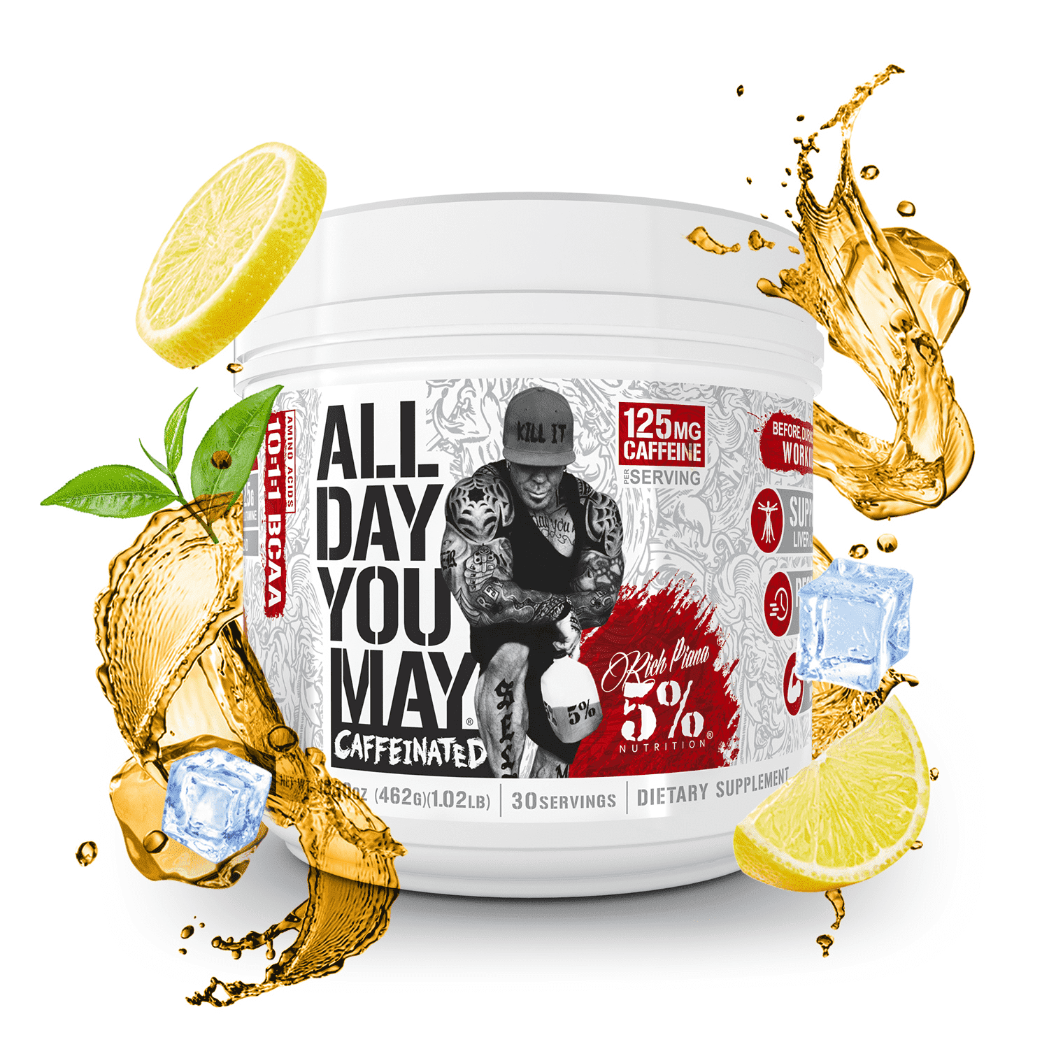 5% Nutrition AllDayYouMay Caffeinated BCAA Amino Acids Powder Supplement, Workout Hydration, Recovery, Joint & Liver Support - 30 Servings (Southern Sweet Tea)
