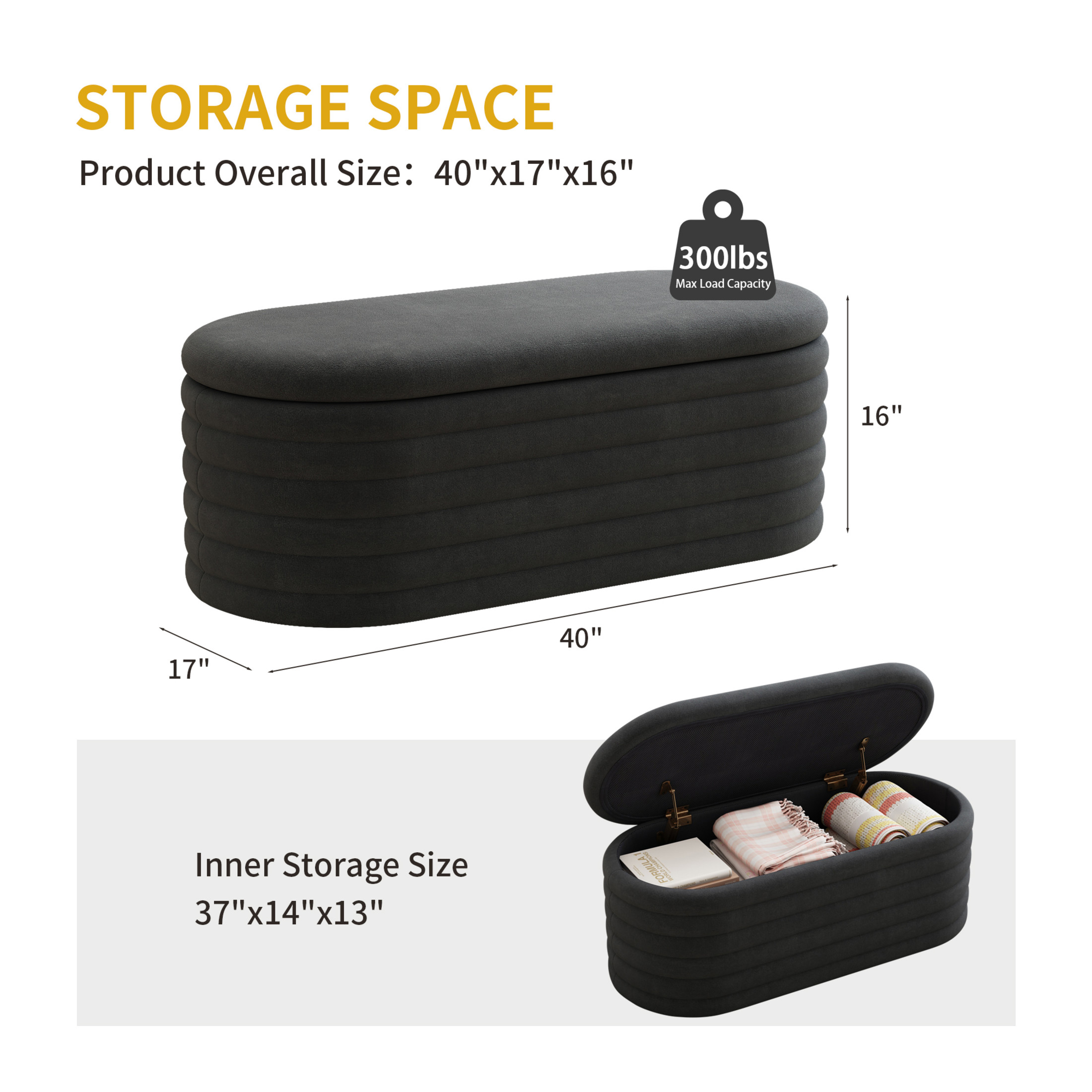 Noble House 40" Chenille Storage Ottoman Bench, Upholstered Flip-Top with Hinge, for Bedroom, Living Room, Black