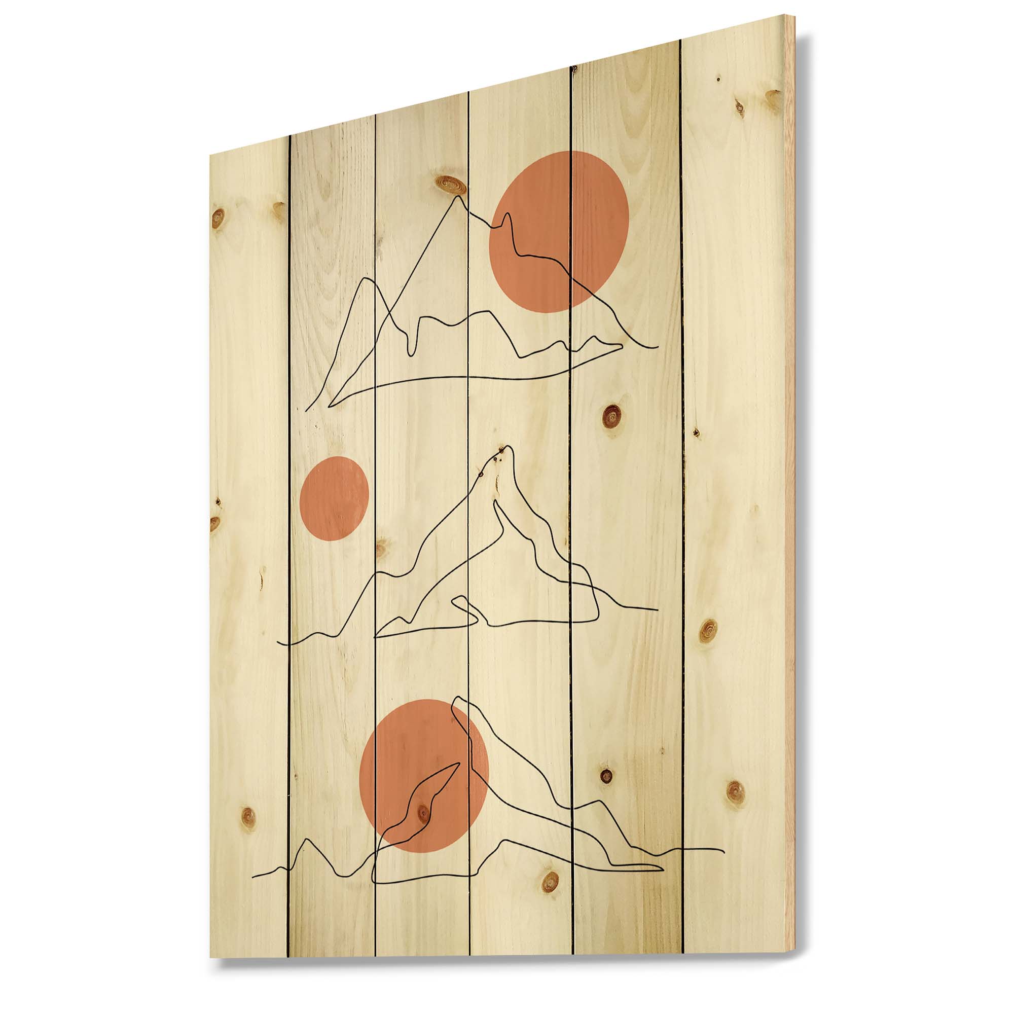 Designart 'Abstract Red Moons With Mountain Range' Modern Print on Natural Pine Wood
