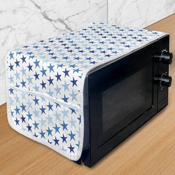 Stars Microwave Oven Cover, Graphic Sky Cosmos Outer Space Items Symmetric Blueish Gradient Tone, Water Resistant Organizer with Pockets Kitchen, 36" x 12", Indigo Dark Blue and White, by Ambesonne