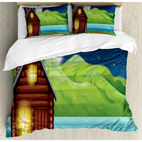 Log Cabin Duvet Cover Set Queen Size, Countryside Theme Image of a Rustic Cabin near Freshwater River at Night, Decorative 3 Piece Bedding Set with 2 Pillow Shams, Multicolor, by Ambesonne