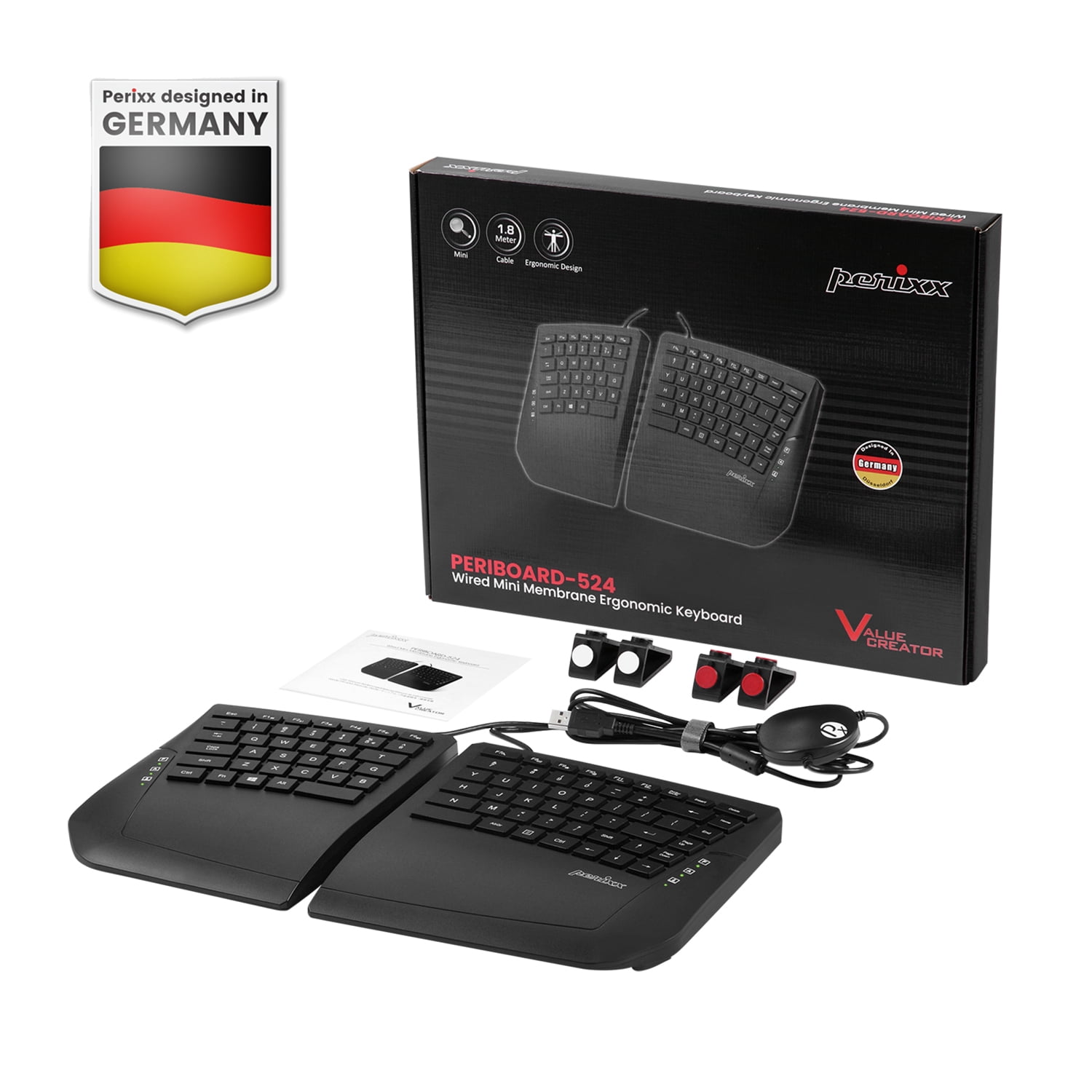 Perixx PERIBOARD-524B US, [Firmware Updated] Wired Ergonomic Split Keyboard - Adjustable Tilt Angle - Low Profile Membrane Keys - Black - US English