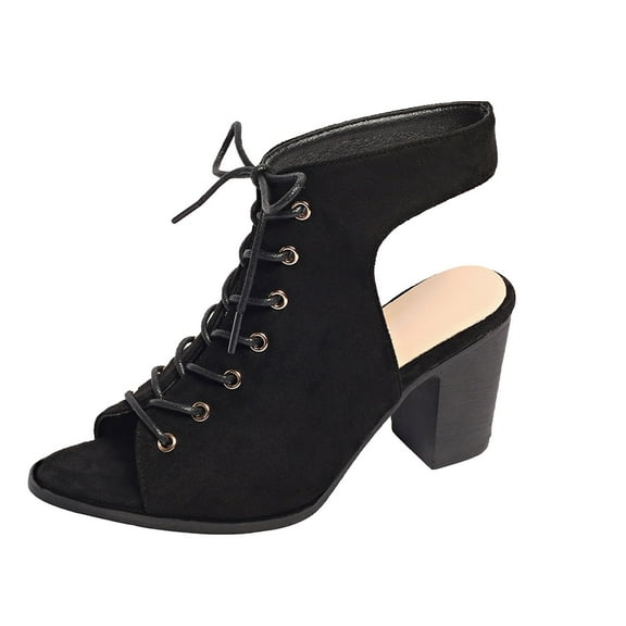 Xfvqtps Heeled Sandals for Women Block Chunky Heel Slingback Lace up Peep Toe Dressy Booties Black