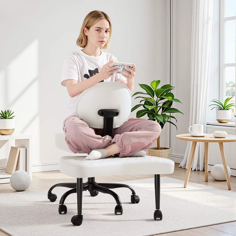 Lacoo Ergonomic Cross Legged Swivel Office Chair,ADHD & Meditation Chair with Retractable footrest,Adjustable Height with Back Support,PU Leather,White