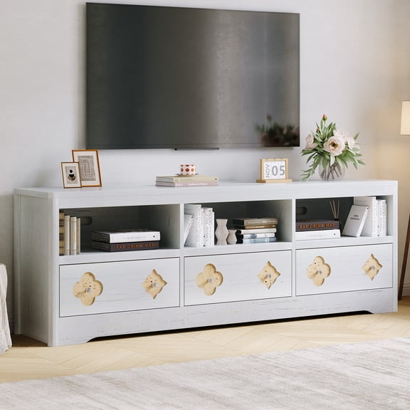 Gaderth 70 Inch TV Stand for TVs Up to 85", Mid Century Modern Entertainment Center with Storage Carved Drawer and Open Shelves, TV Console for Living Room