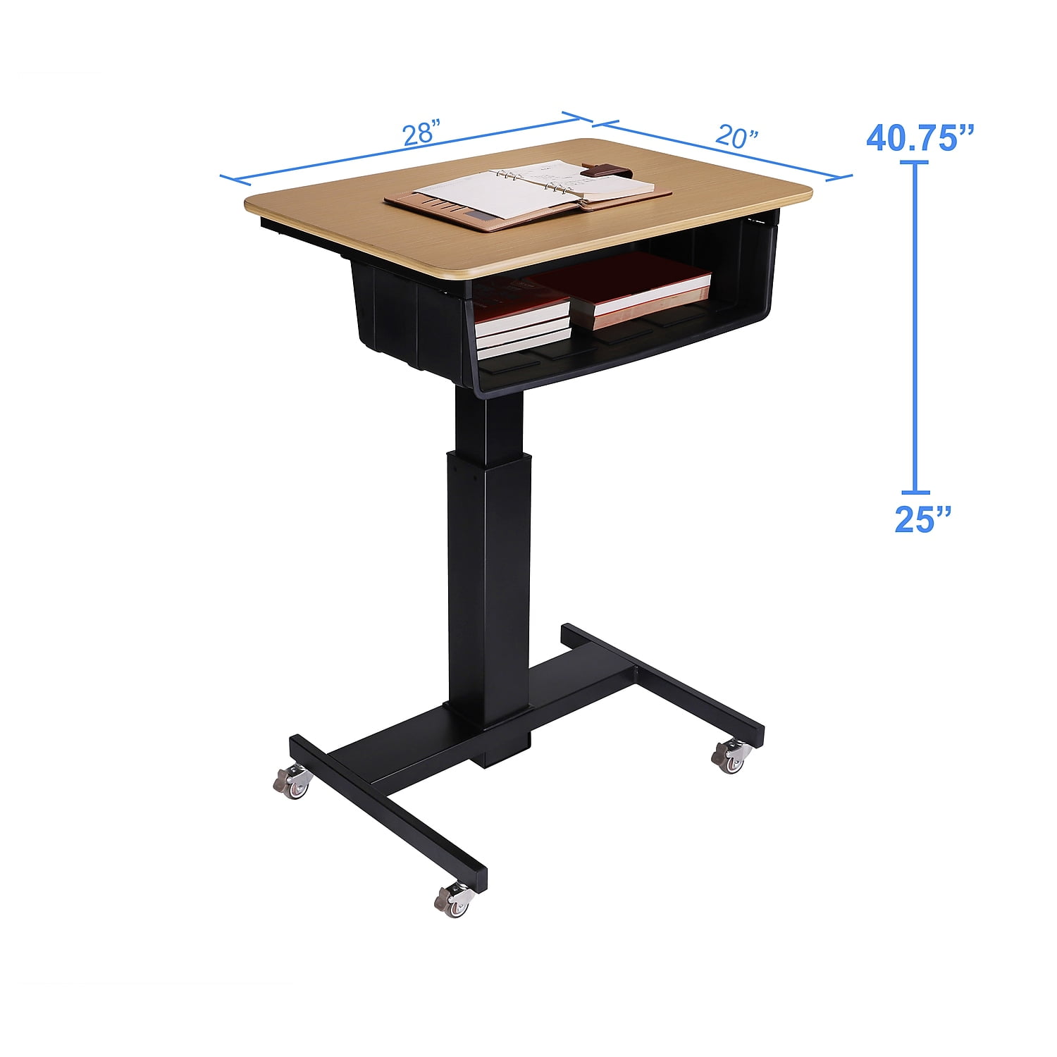 Rocelco 28" Height Adjustable Mobile School Standing Desk with Book Box | Quick Sit Stand Up Home Computer Workstation | Gas Spring Assist Office Laptop Riser Cart | Wood Grain (R MSD-28-BB)