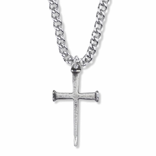 Singer Men's 1-5/8 Inch Sterling Silver Antique Nail Cross Necklace with Stainless Steel Rhodium Plated 24" Chain, Style Cross