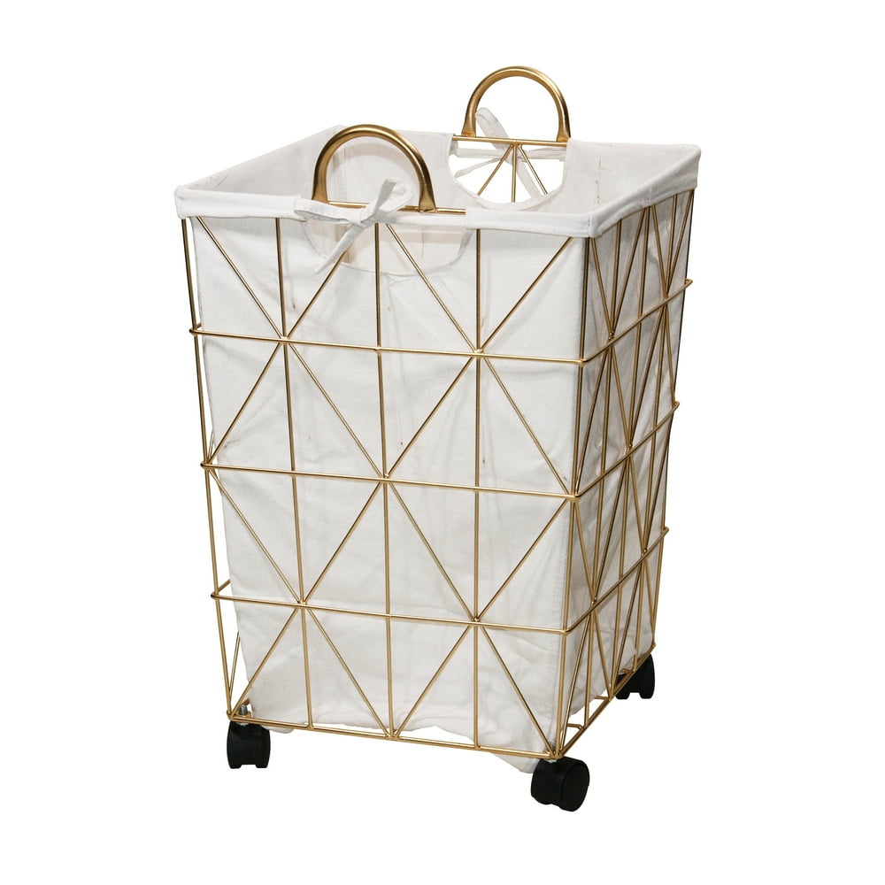 Mainstays Square Symmetrical Pattern Metal Hamper with Wheels, Gold and