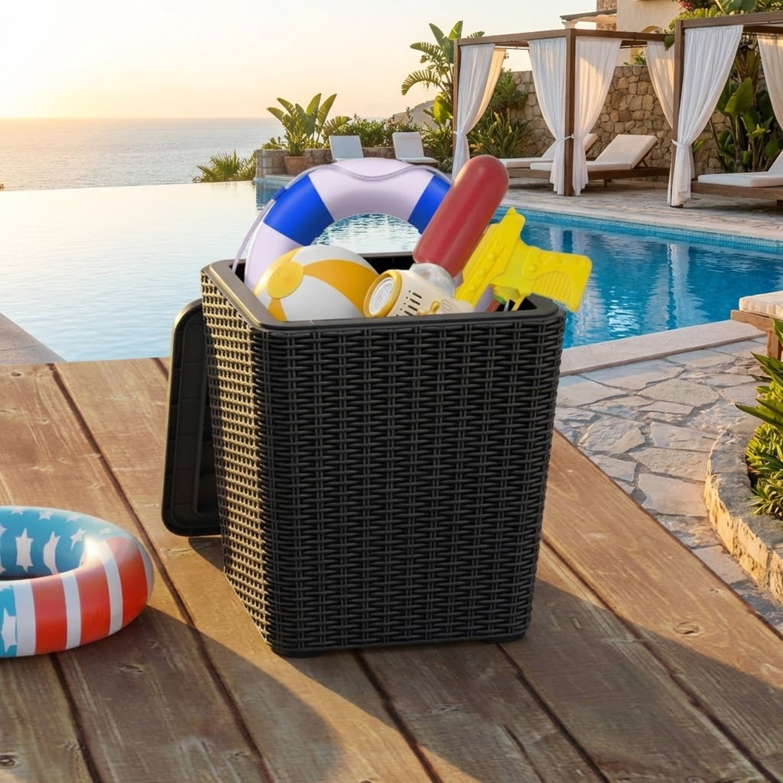 Furnibear Outdoor Side Table with Storage, Modern Wicker Resin Accent Table with Removable Lid, Waterproof Patio Furniture for Porch, Pool, and Garden, Black