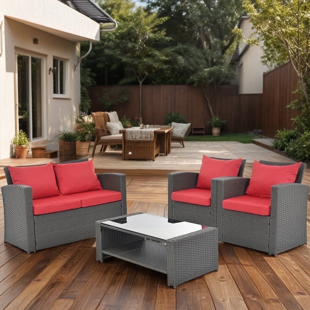 4 Pieces Patio Conversation Set, Outdoor Furniture Set with Cushion, Outside Sectional Rattan Wicker Sofa for Garden, Porch, Backyard, Red