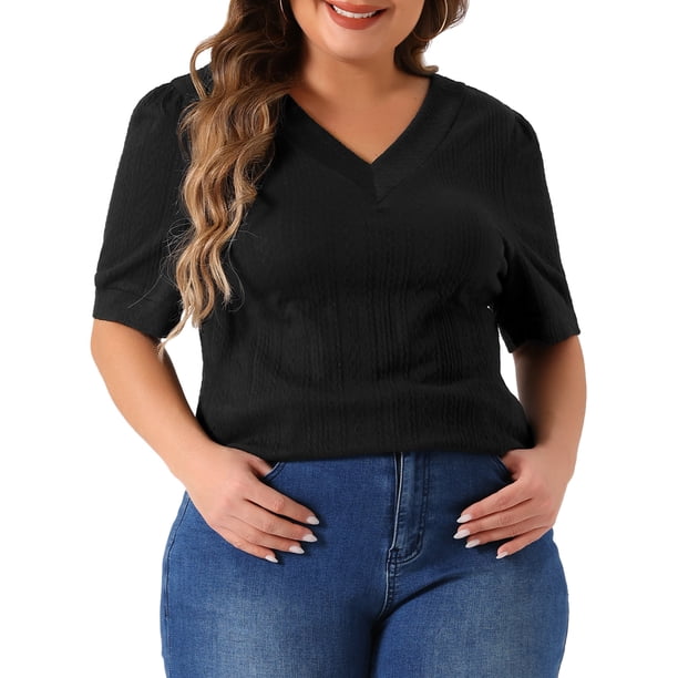 GRACE & GRANDEUR Blusas de Talla Grande para Mujeres, Cuello en V, Manga Corta, Suéter Casual, 2X Negro