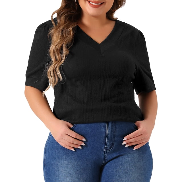 GRACE & GRANDEUR Blusas de Talla Grande para Mujeres, Cuello en V, Manga Corta, Suéter Casual, 2X Negro