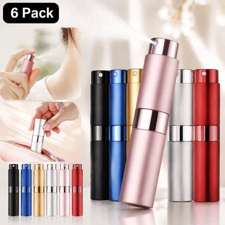 Genreen 6 Pack Refillable Travel Perfume Bottles 8ml Empty Atomizer with Twist-Up Sprayer Leakproof Glass Vial in Aluminum Case for Cologne Fragrance Aftershave