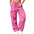 thumbnail image 2 of Parachute Pants Women Summer Elastic Waist Drawstring Wide Straight Leg Loose Casual Lightweight Cargo Pants with Pockets, 2 of 8