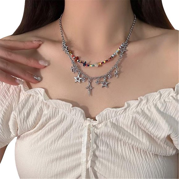 Double Layer Color Broken Stone Star Tassel- Necklace Sparkling Clavicle Chain