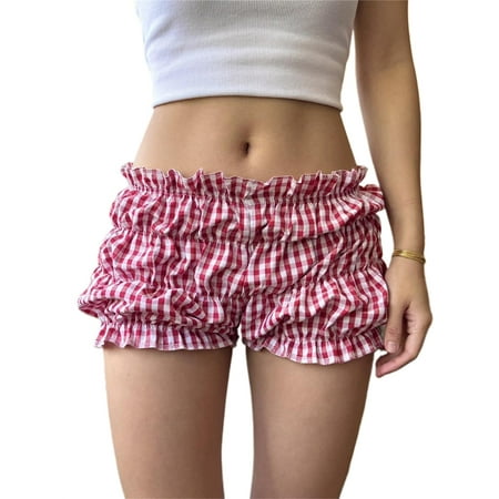 Women Y2k Plaid Bloomers Elastic Low Rise Ruched Lounge Shorts Lolita Pajama Bottoms Ruffle Shorts