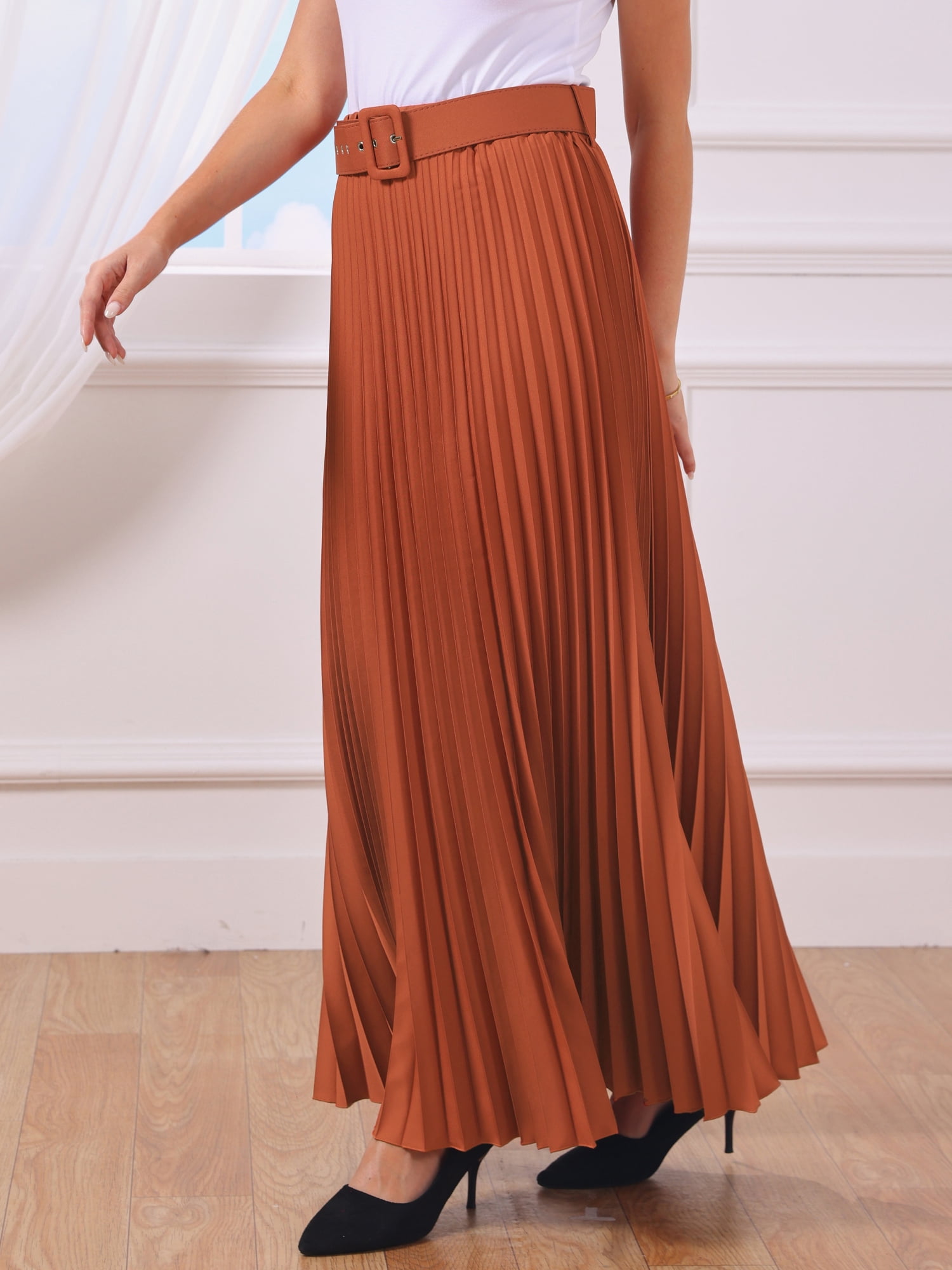 DARING DIVA Women's Elegnat Elastic High Waist Flowy A-Line Maxi Skirt S Reddish Brown
