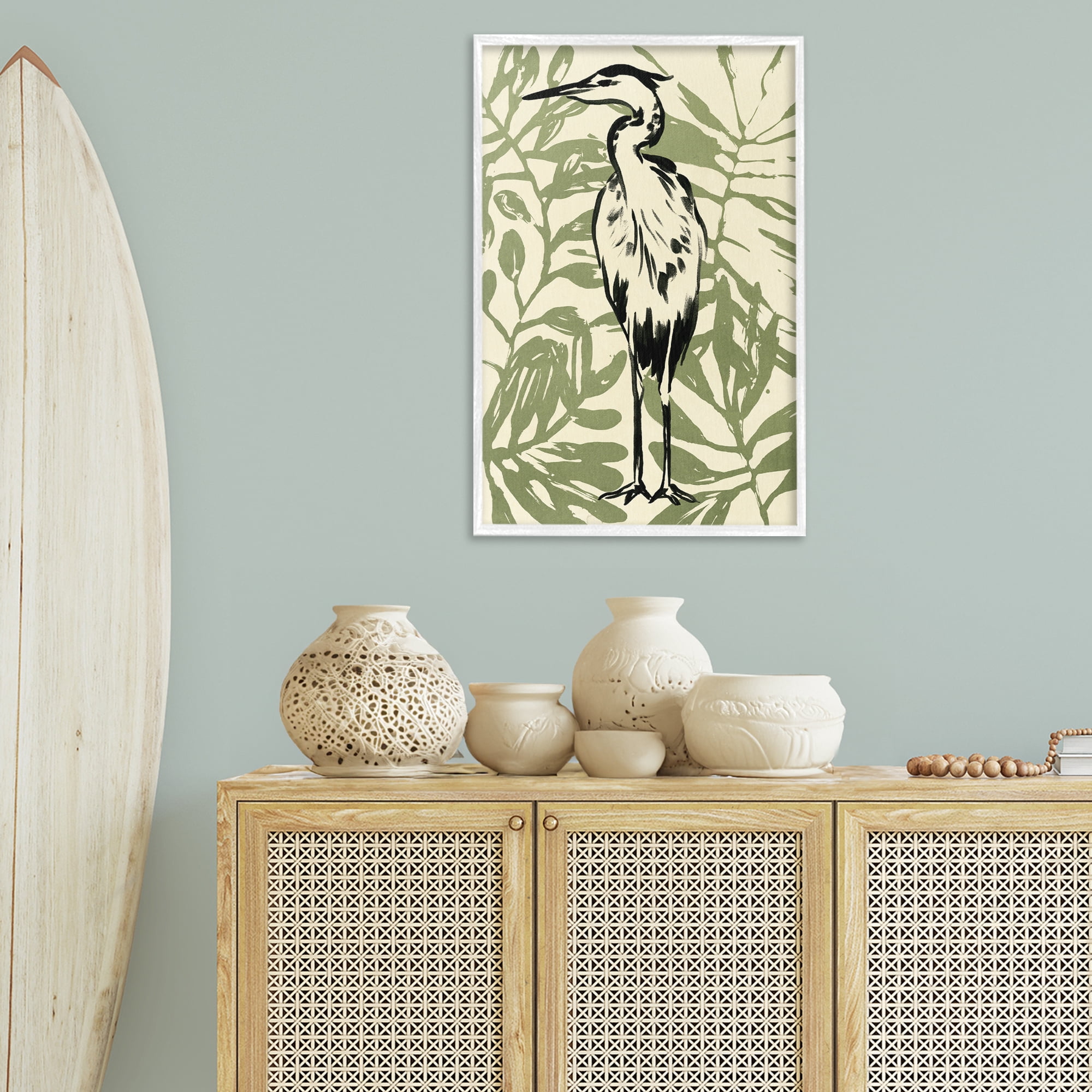 Stupell Industries Wild Heron & Leaves Animals & Insects Painting White Framed Art Print Wall Art, 20 x 30