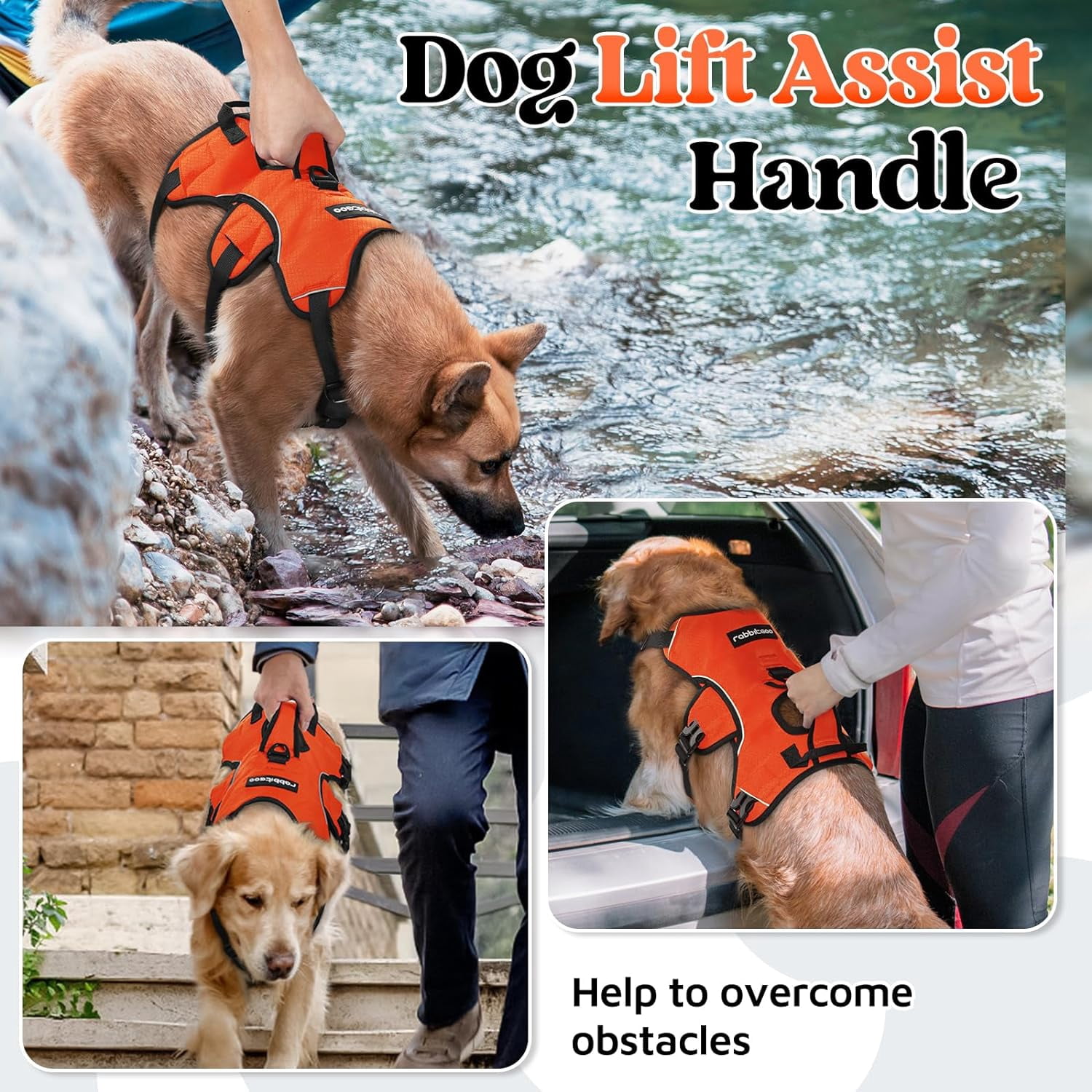 rabbitgoo Escape Proof Dog Harness, Soft Padded Full Body Pet Harness, Reflective Adjustable No Pull Vest with Lift Handle and Lesh Clip for Large Dogs Walking Hiking Training, Orange