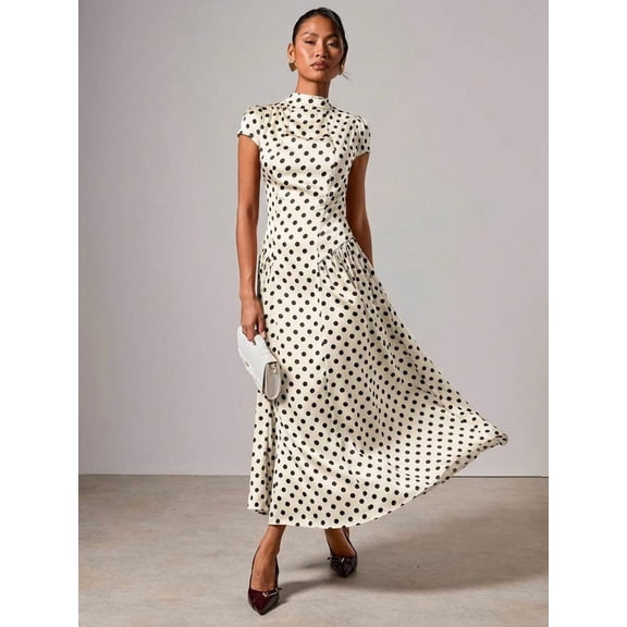Apricot Polka Dot High Neck Short Sleeve Fitted Elegant Maxi Dress