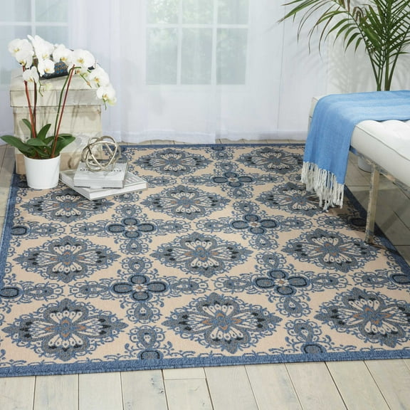 Nourison Caribbean Indoor/Outdoor Ivory/Blue 3'11" x 5'11" Area Rug, (4x6)