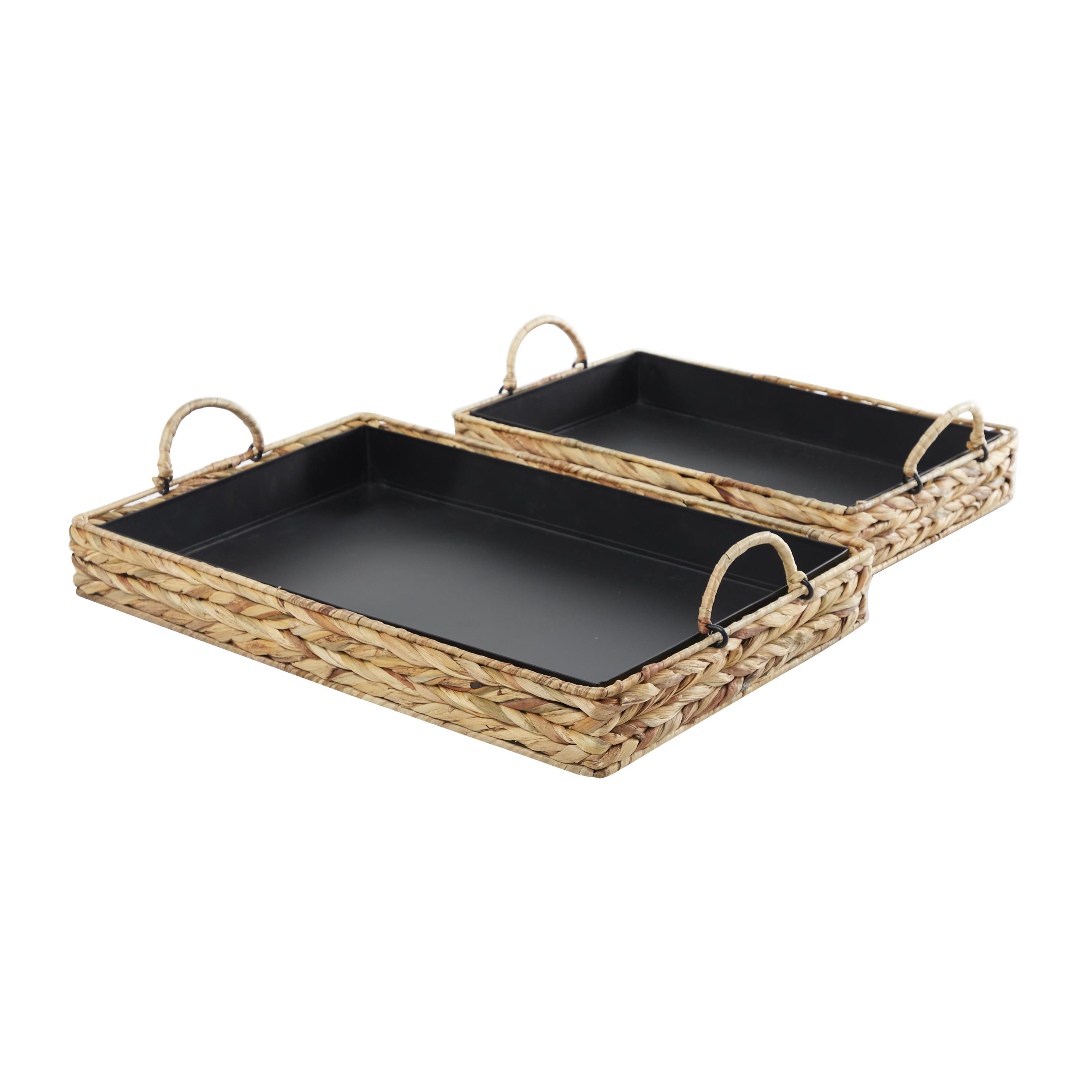 DecMode 20", 16"W Light Brown Seagrass Handmade Nesting Tray with Black Wood Interiors, 2-Pieces