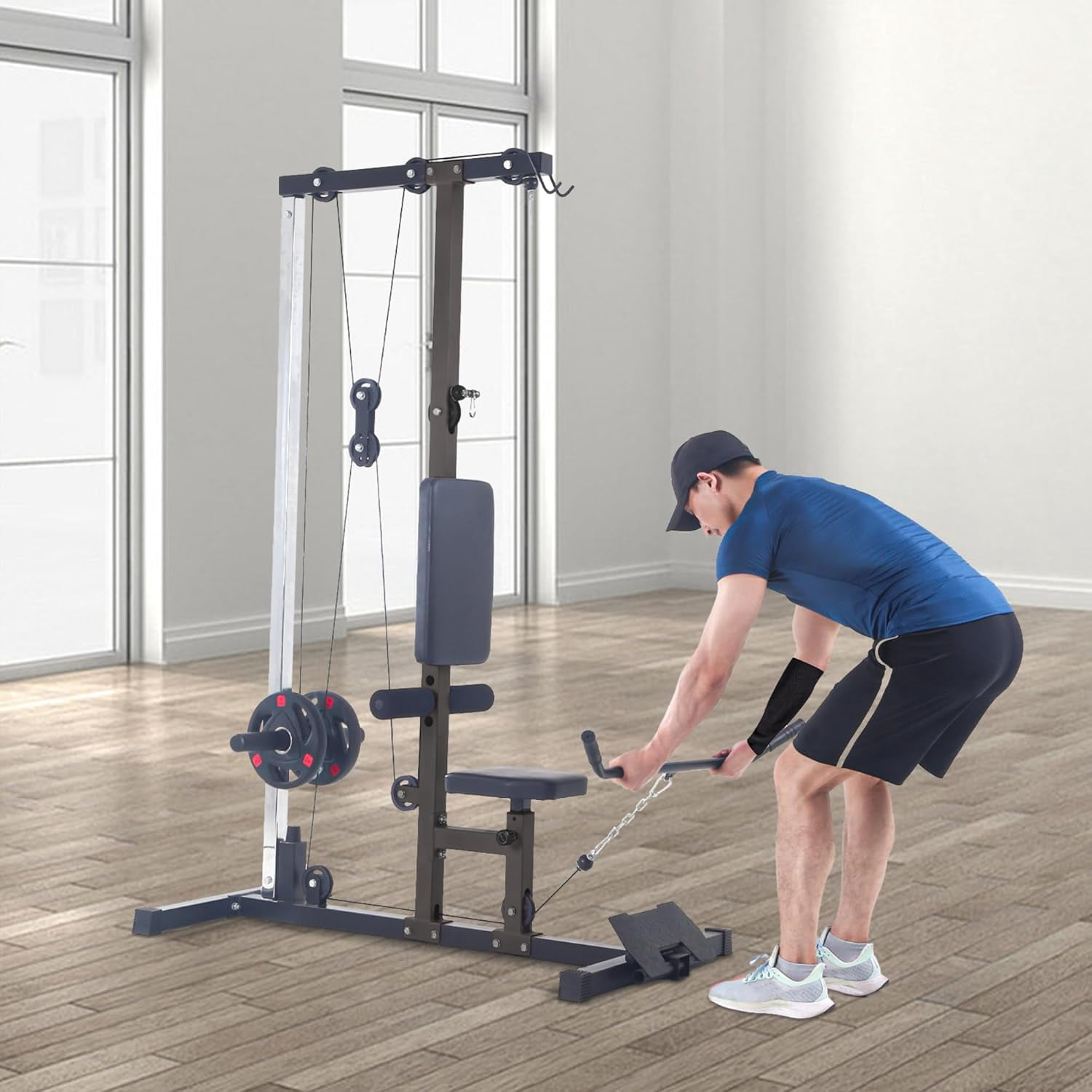 Pull Down Machines, LAT Row Cable Machine, LAT Tower with Additional Pulley Cable, High & Low Pulley Stations with Leg Support, Tricep Workout Equipment