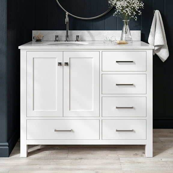 Ariel Cambridge 43 In. Left Offset Oval Single Sink Vanity With Carrara White Marble 0.75 In Countertop In White