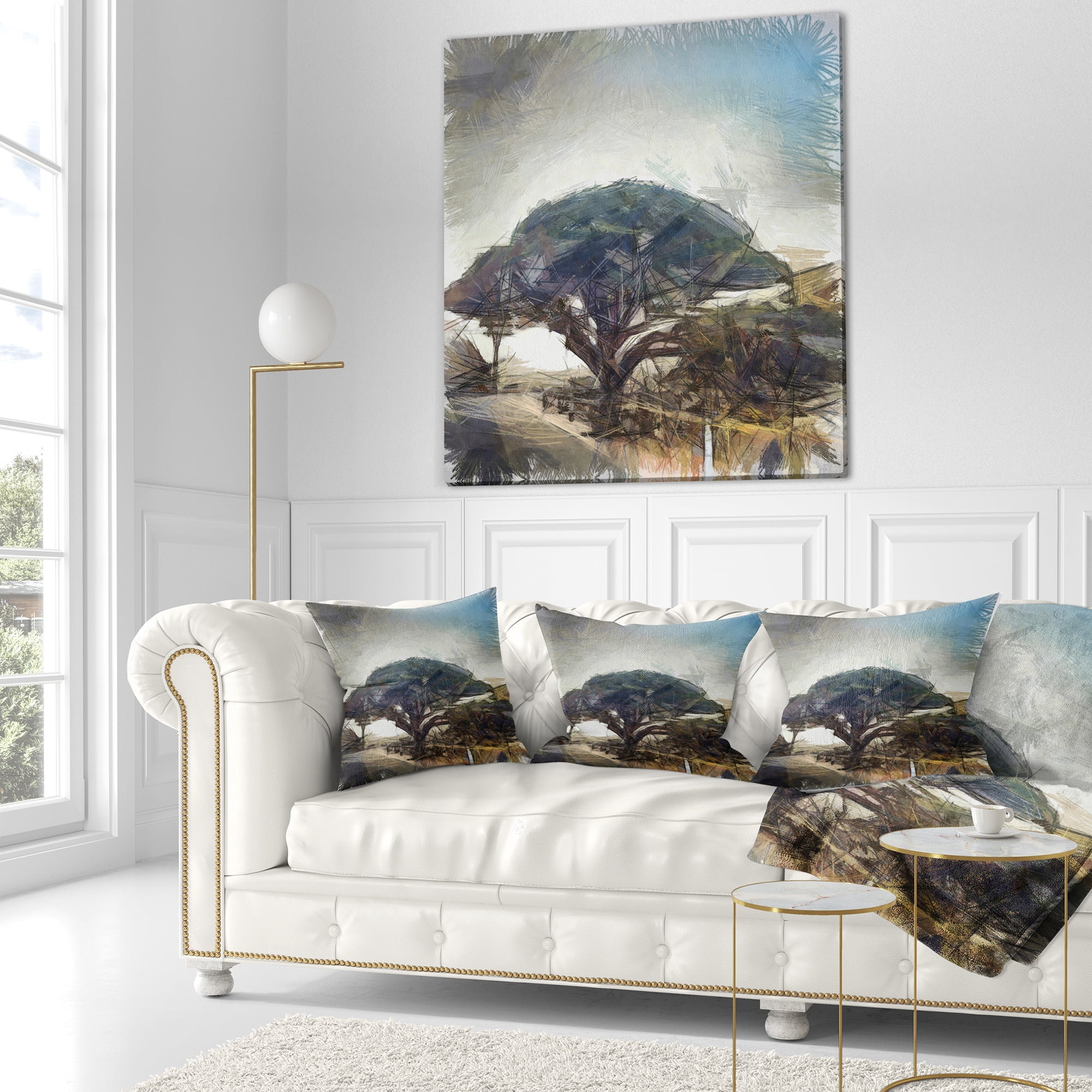 Designart Lonely Oak Tree Watercolor Sketch - Landscape Printed Throw Pillow - 16x16