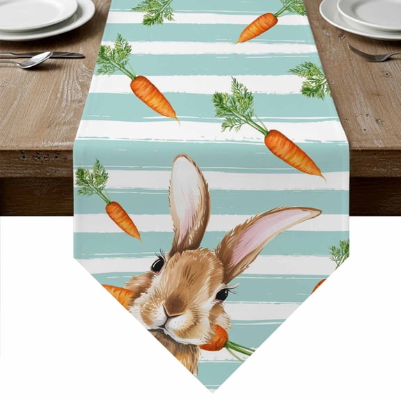 Easter Bunny Table Runner Linen Burlap Table Runner 36 Inches Small Spring Rabbits Carrots Turquoise Stripes Dresser Scarves for Kitchen Island Coffee Dining Party Wedding Holiday Decor 13"x36"