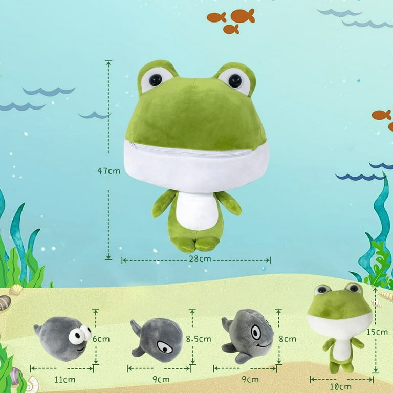 Ufehaho Giant Frog Stuffed Animal 1 PC Big Mommy Stuffed Frog with 3 Pcs Baby Tadpole Plush Toys with 1 PC Small Frog Inside with Zipper Tummy Large