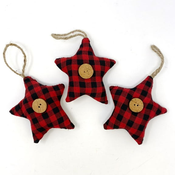 Red & Black Mini Buffalo Plaid Homespun Fabric Star Christmas Ornaments - Set of 3